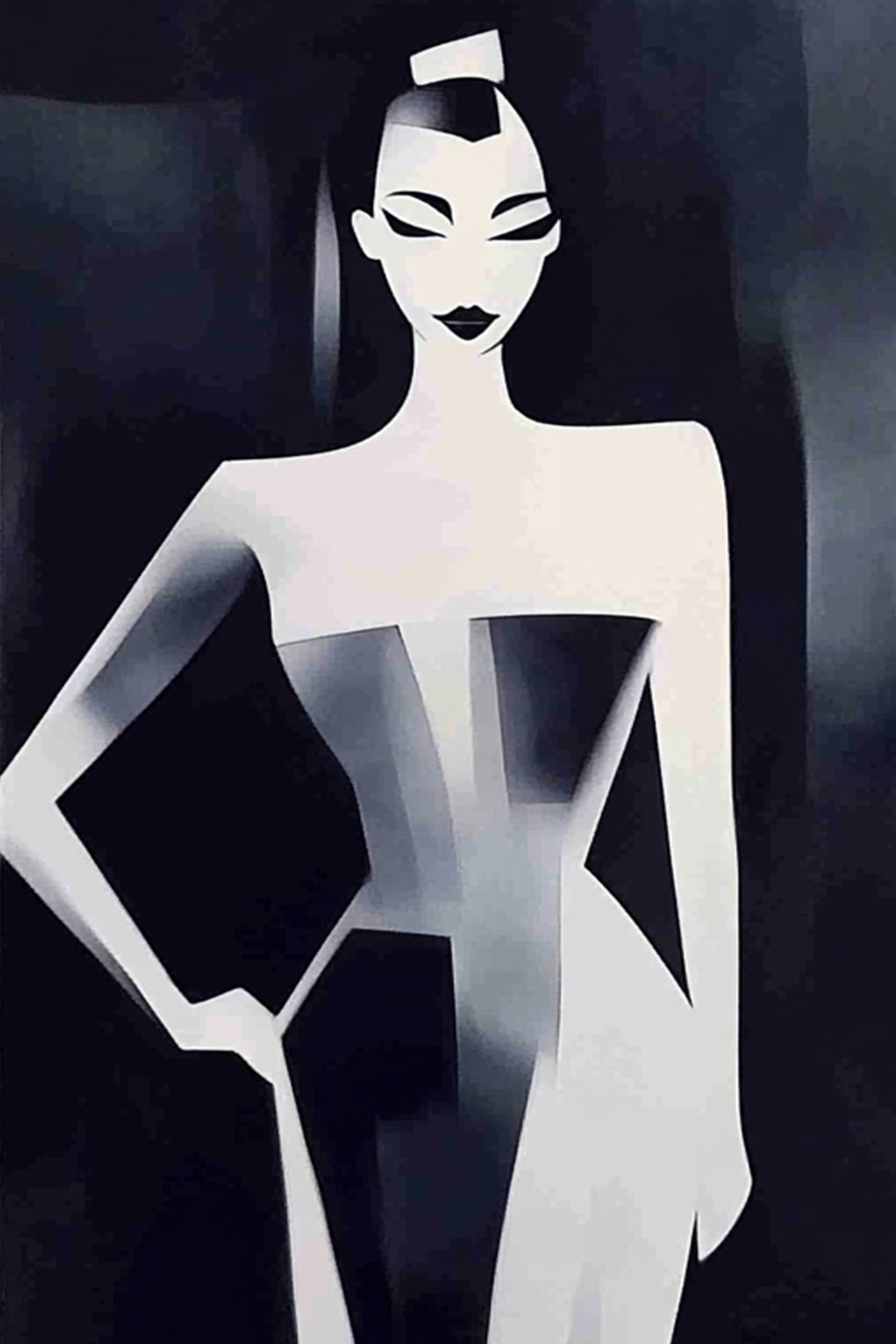 Midnight Profile by ArtixHub – abstract black and white female figure with stylized features and fashion silhouette