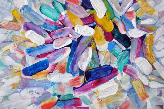 Mist of Light (رذاذ الضوء) – abstract expressionist painting with bold strokes in blue, red, yellow, white, and green by Ibrahim Al Awam