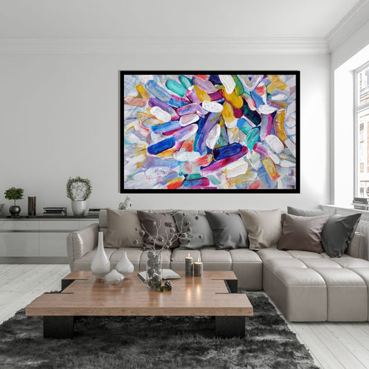 Mist of Light (رذاذ الضوء) – abstract expressionist painting with bold strokes in blue, red, yellow, white, and green by Ibrahim Al Awam