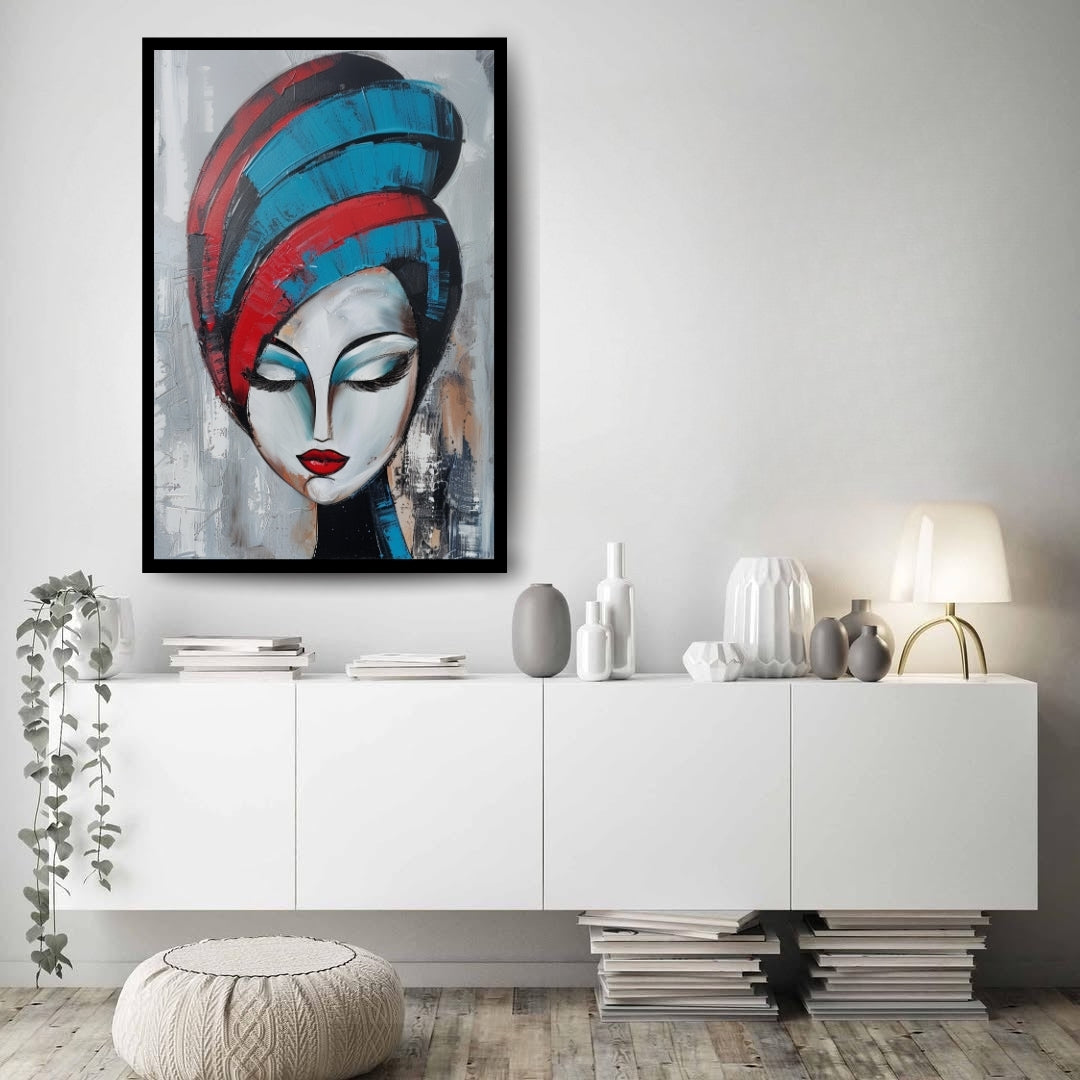 Modern Muse by ArtixHub – stylized female portrait in red and blue tones with closed eyes on textured grey background