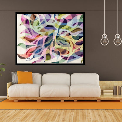 Colorful abstract pattern with swirling shapes on a white background. Music of Nature (موسيقي الطبيعة) – abstract expressionist painting by Professor Ibrahim Al Awam, ArtixHub