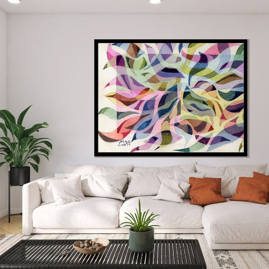 Colorful abstract pattern with swirling shapes on a white background. Music of Nature (موسيقي الطبيعة) – abstract expressionist painting by Professor Ibrahim Al Awam, ArtixHub