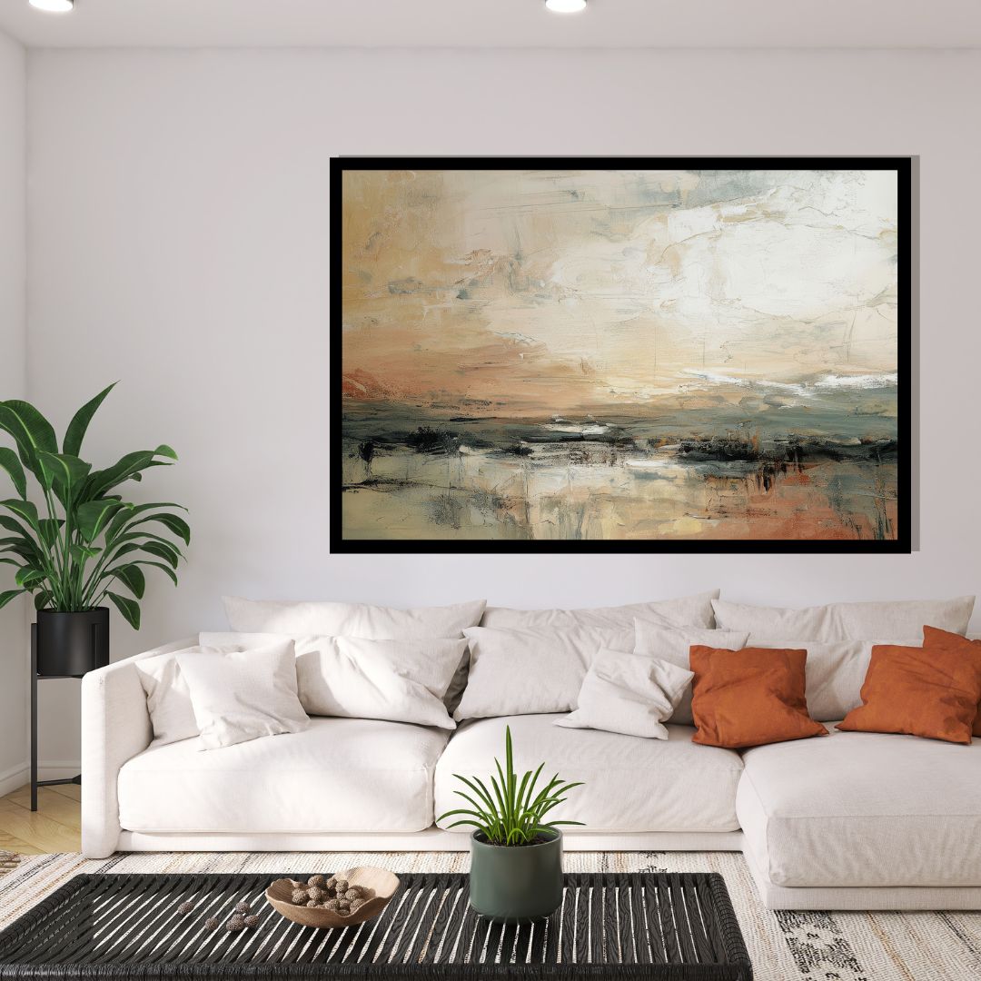 Muted Tides – abstract landscape painting of a shoreline in beige, grey, and terracotta with expressive, layered brushwork, available on ArtixHub