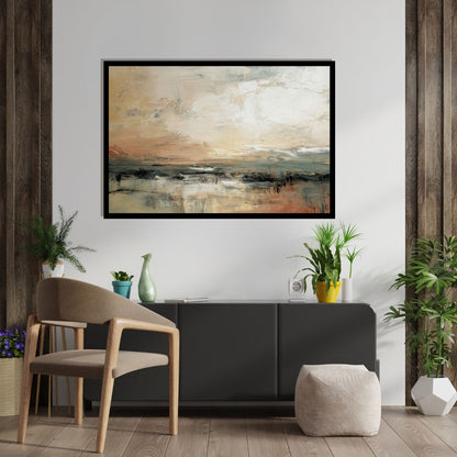 Muted Tides – abstract landscape painting of a shoreline in beige, grey, and terracotta with expressive, layered brushwork, available on ArtixHub