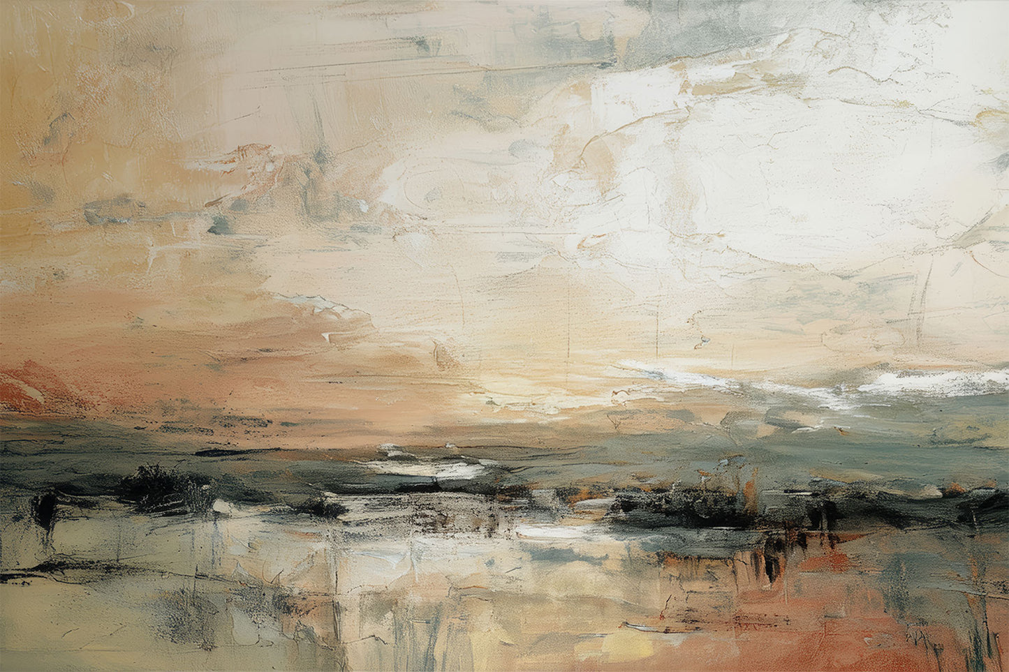 Muted Tides – abstract landscape painting of a shoreline in beige, grey, and terracotta with expressive, layered brushwork, available on ArtixHub