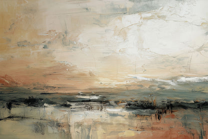Muted Tides – abstract landscape painting of a shoreline in beige, grey, and terracotta with expressive, layered brushwork, available on ArtixHub