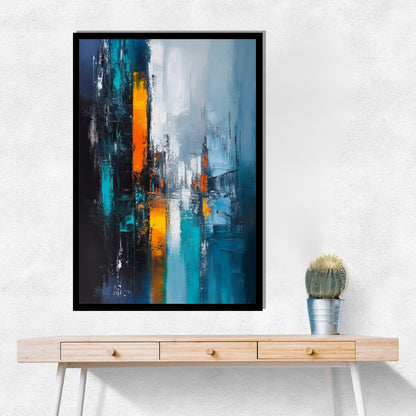 Night Drawn Tall by Lior Ezan – abstract vertical cityscape in deep blue and glowing orange on ArtixHub