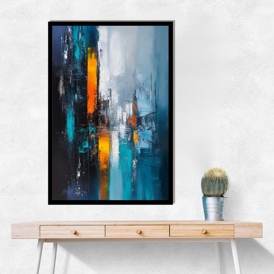 Night Drawn Tall by Lior Ezan – abstract vertical cityscape in deep blue and glowing orange on ArtixHub