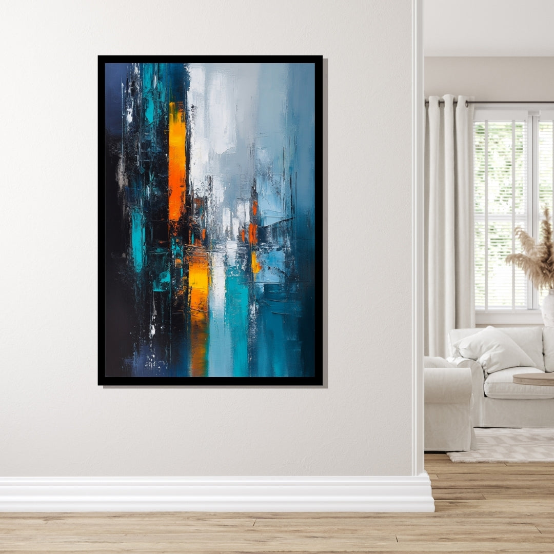 Night Drawn Tall by Lior Ezan – abstract vertical cityscape in deep blue and glowing orange on ArtixHub