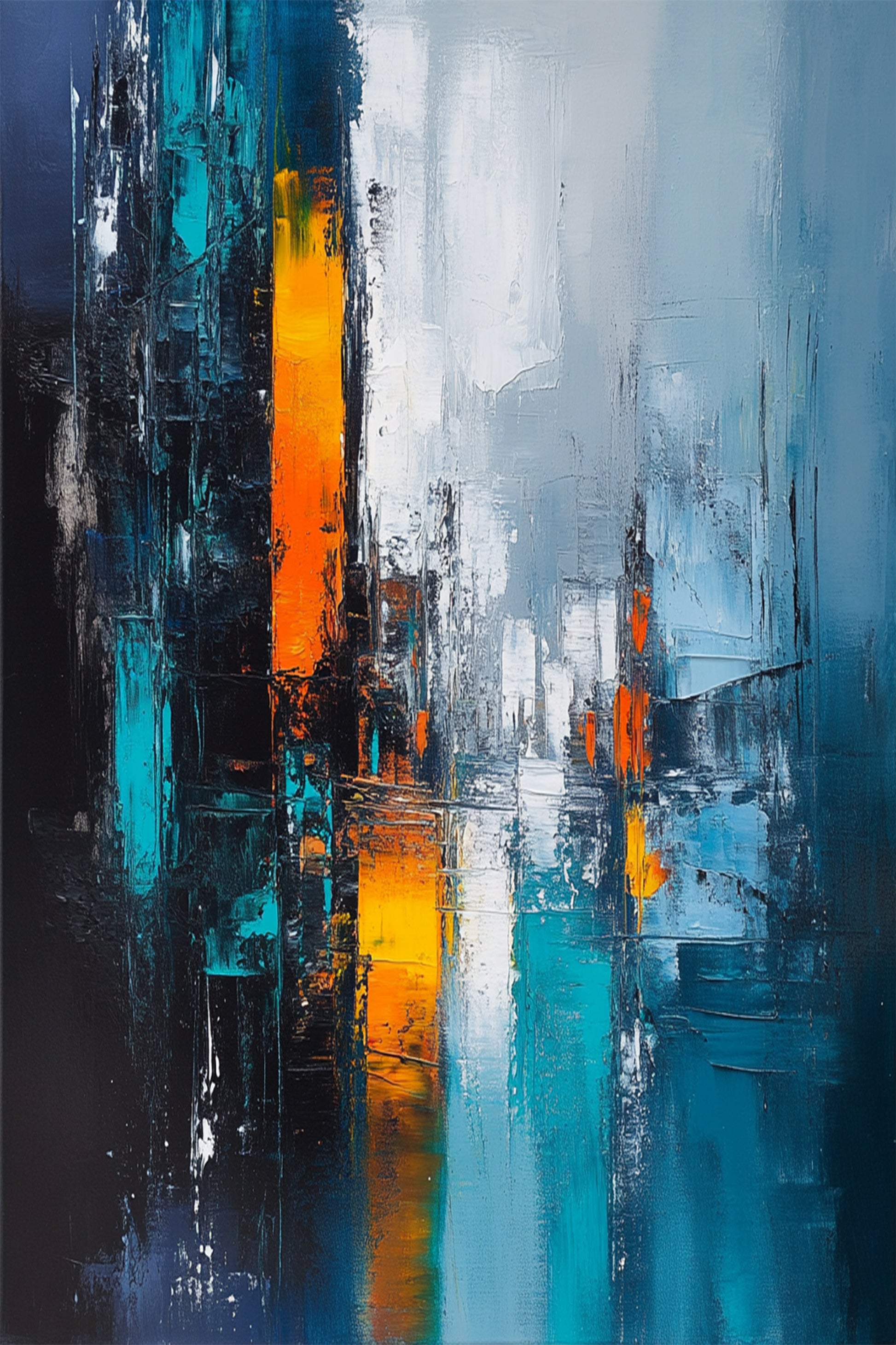 Night Drawn Tall by Lior Ezan – abstract vertical cityscape in deep blue and glowing orange on ArtixHub