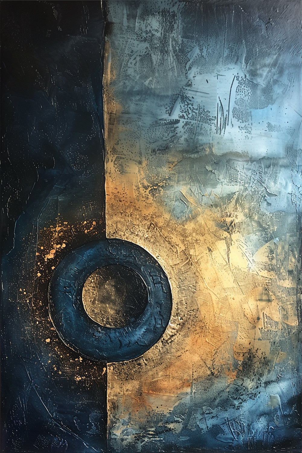 Night’s Beacon by ArtixHub – textured abstract painting with a circular form in navy and gold against a divided background