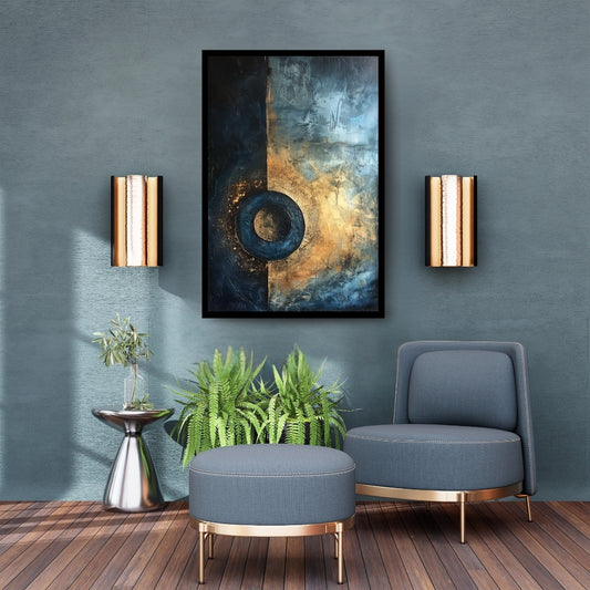 Night’s Beacon by ArtixHub – textured abstract painting with a circular form in navy and gold against a divided background