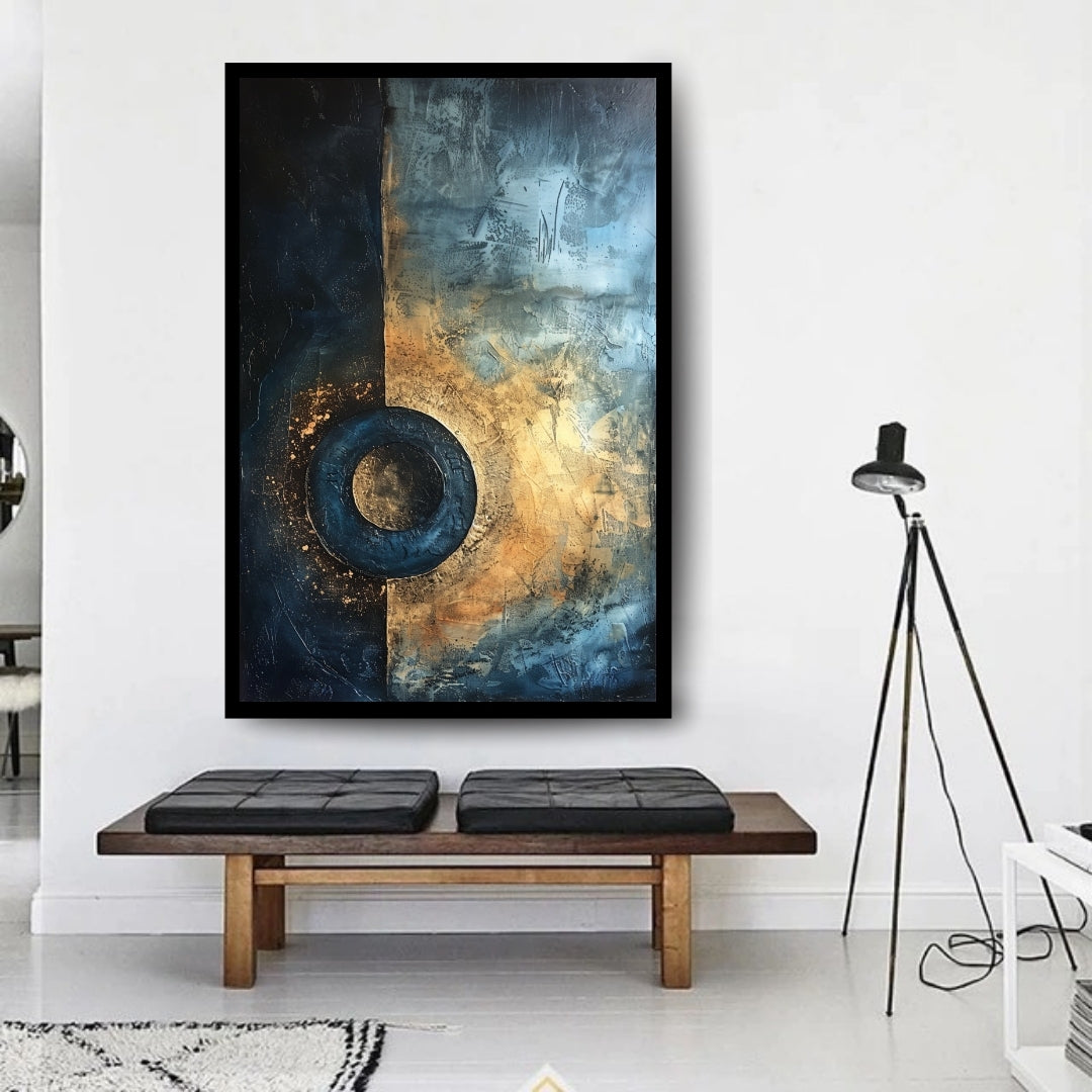 Night’s Beacon by ArtixHub – textured abstract painting with a circular form in navy and gold against a divided background