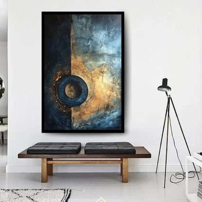 Night’s Beacon by ArtixHub – textured abstract painting with a circular form in navy and gold against a divided background
