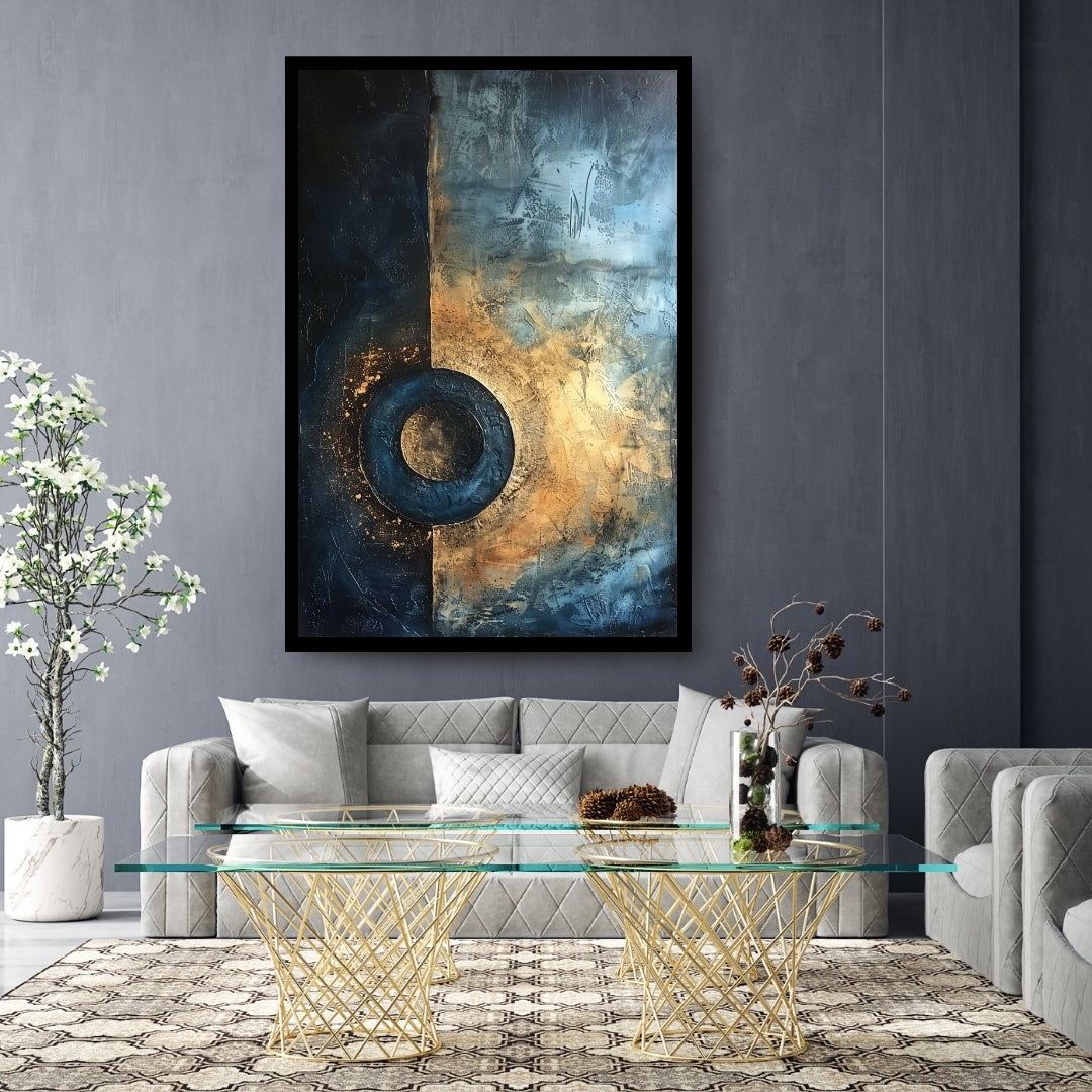 Night’s Beacon by ArtixHub – textured abstract painting with a circular form in navy and gold against a divided background