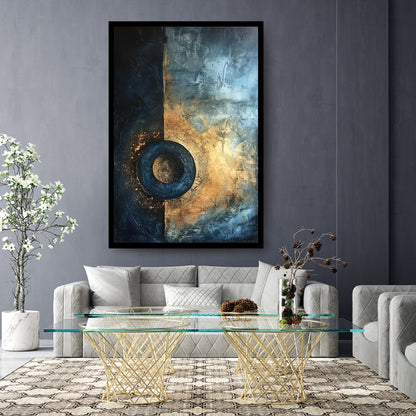Night’s Beacon by ArtixHub – textured abstract painting with a circular form in navy and gold against a divided background