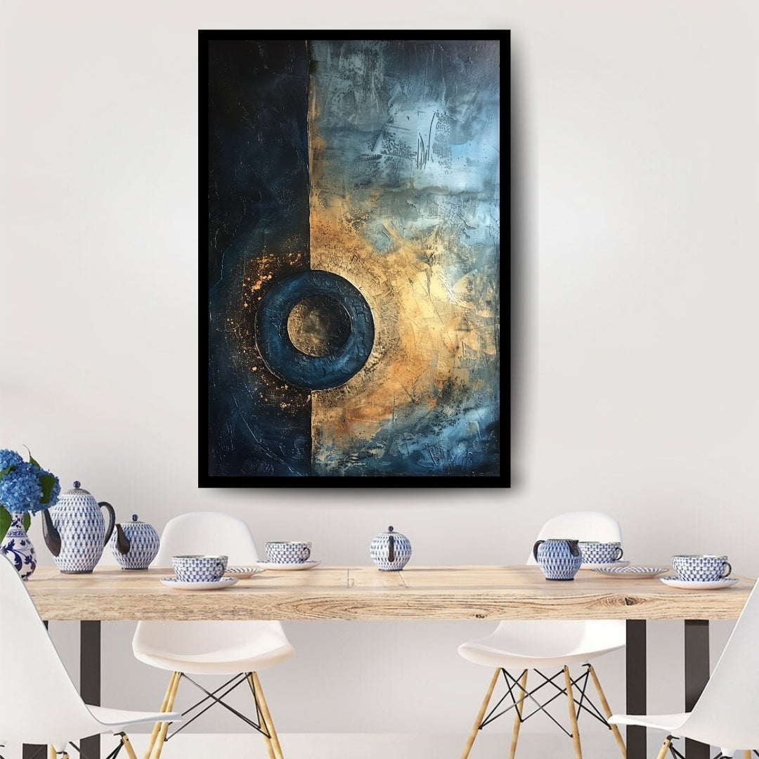 Night’s Beacon by ArtixHub – textured abstract painting with a circular form in navy and gold against a divided background