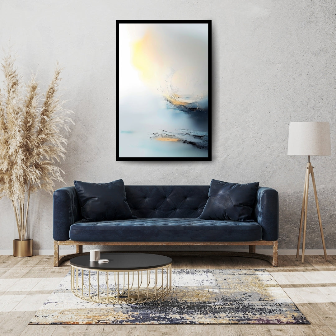 Ocean’s Breath by ArtixHub – abstract seascape with soft light, ocean textures, and minimal brushwork in blue, white, and golden hues