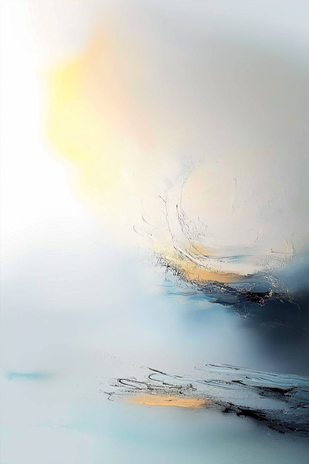 Ocean’s Breath by ArtixHub – abstract seascape with soft light, ocean textures, and minimal brushwork in blue, white, and golden hues