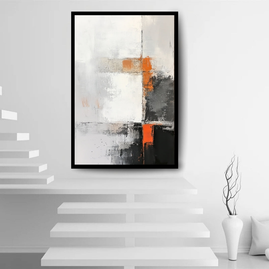 Orange Accent by Lior Ezan – minimalist abstract painting in white, black, and orange on ArtixHub