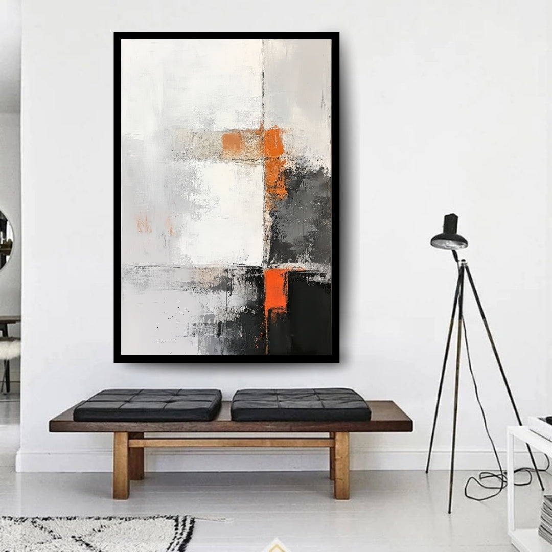 Orange Accent by Lior Ezan – minimalist abstract painting in white, black, and orange on ArtixHub