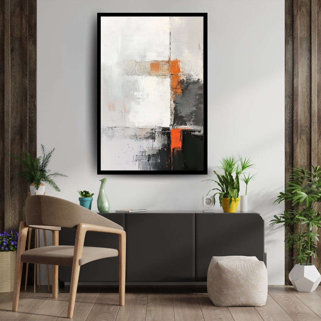 Orange Accent by Lior Ezan – minimalist abstract painting in white, black, and orange on ArtixHub
