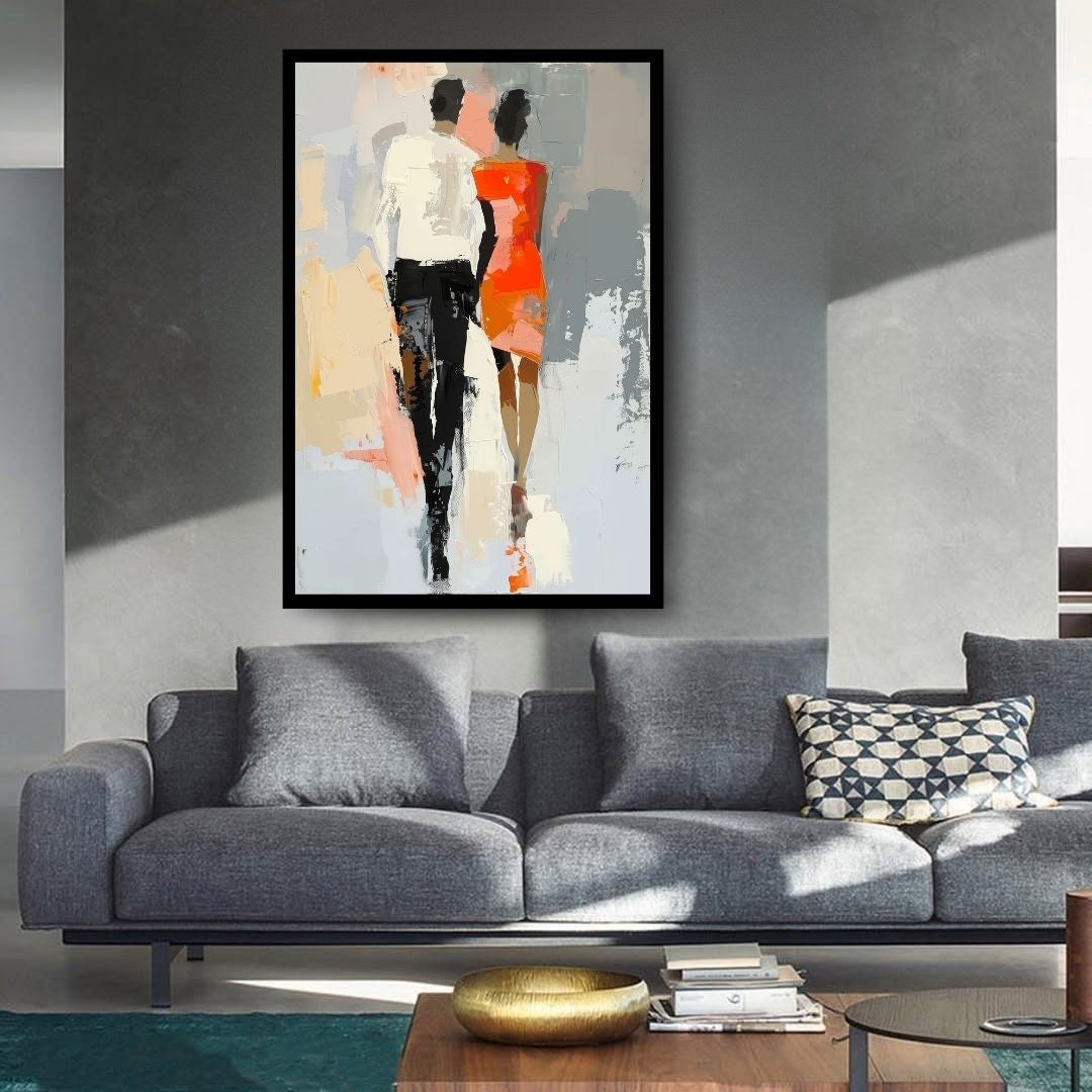 Parallel Lives – abstract figurative painting of two fashion-forward figures walking side by side in neutral and orange tones, available on ArtixHub