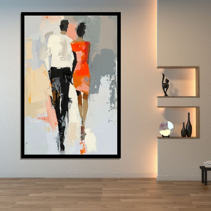 Parallel Lives – abstract figurative painting of two fashion-forward figures walking side by side in neutral and orange tones, available on ArtixHub