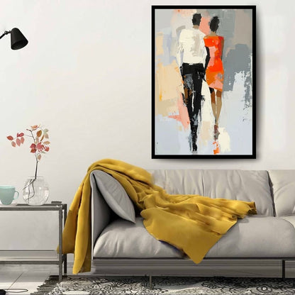 Parallel Lives – abstract figurative painting of two fashion-forward figures walking side by side in neutral and orange tones, available on ArtixHub