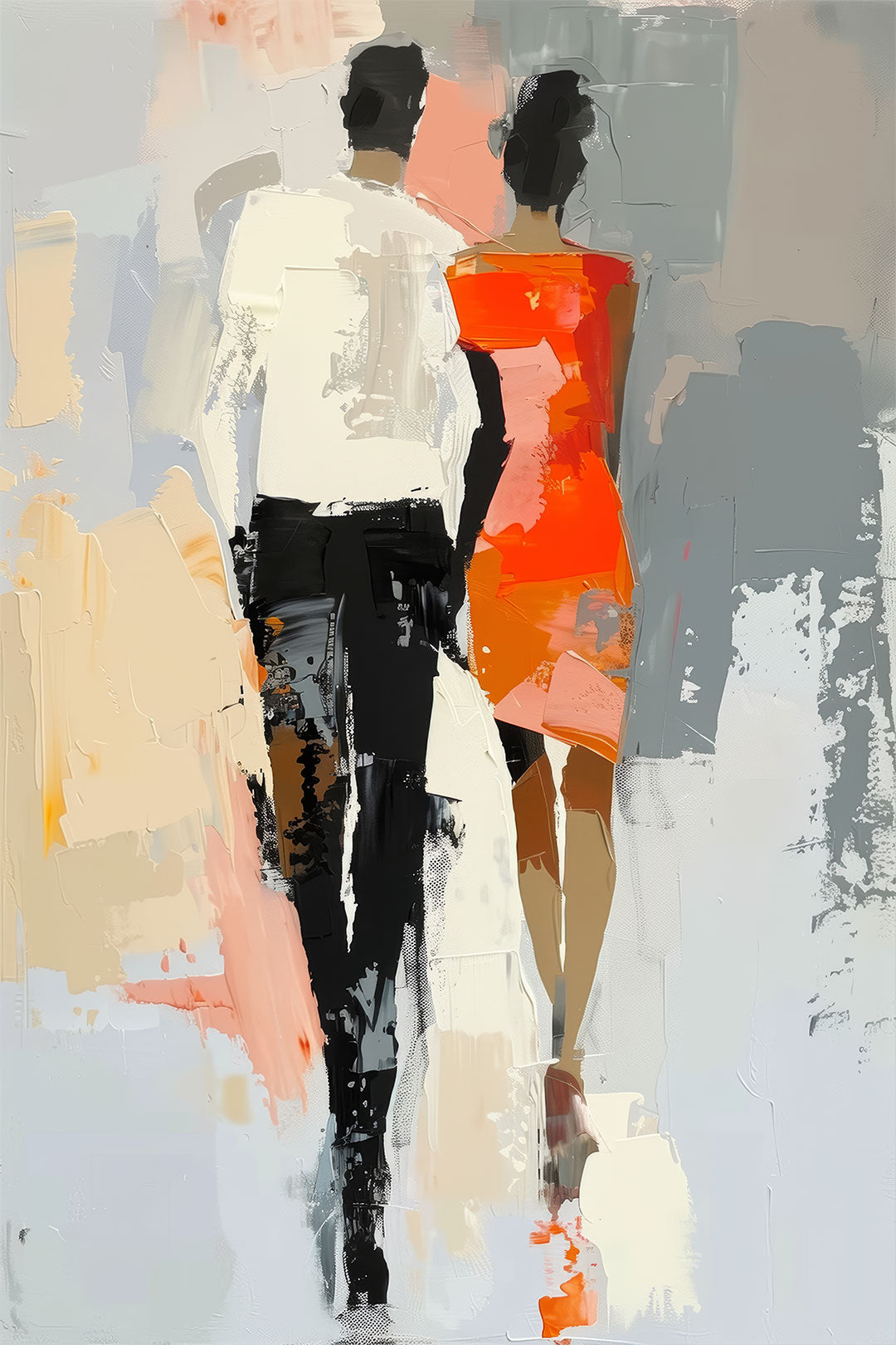 Parallel Lives – abstract figurative painting of two fashion-forward figures walking side by side in neutral and orange tones, available on ArtixHub