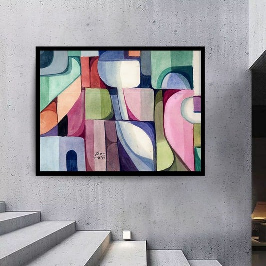 Colorful abstract patterned rug with geometric shapes. Pattern of Thought in Beauty 1 (نسق الفكر في الجمال 1) – abstract expressionist painting by Professor Ibrahim Al Awam, ArtixHub