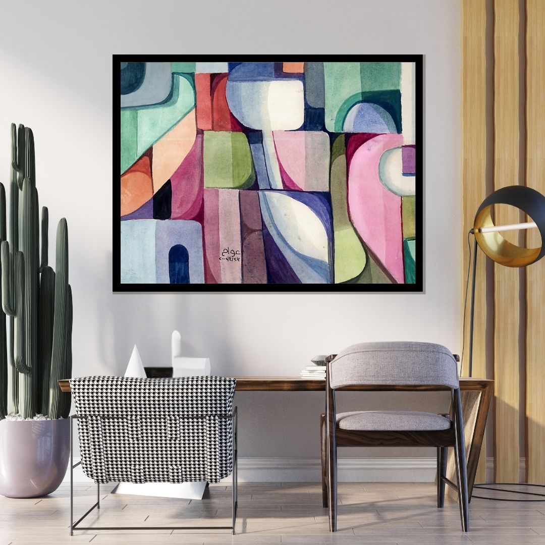 Colorful abstract patterned rug with geometric shapes. Pattern of Thought in Beauty 1 (نسق الفكر في الجمال 1) – abstract expressionist painting by Professor Ibrahim Al Awam, ArtixHub