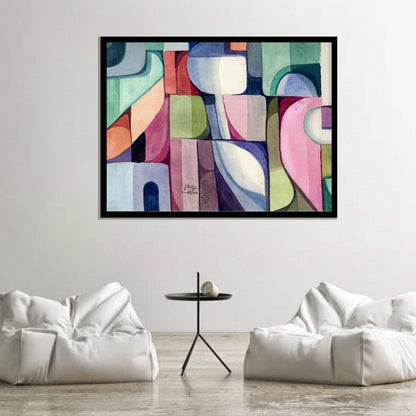 Colorful abstract patterned rug with geometric shapes. Pattern of Thought in Beauty 1 (نسق الفكر في الجمال 1) – abstract expressionist painting by Professor Ibrahim Al Awam, ArtixHub