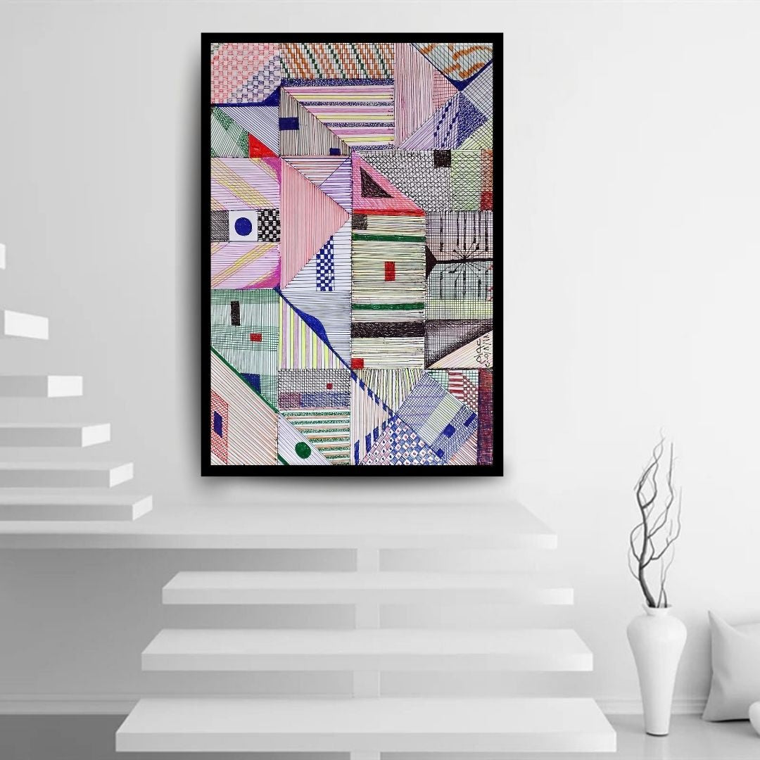 Pattern of Thought in Beauty (نسق الفكر في الجمال) – abstract geometric artwork with layered grids, lines, and shapes, by Ibrahim Al Awam