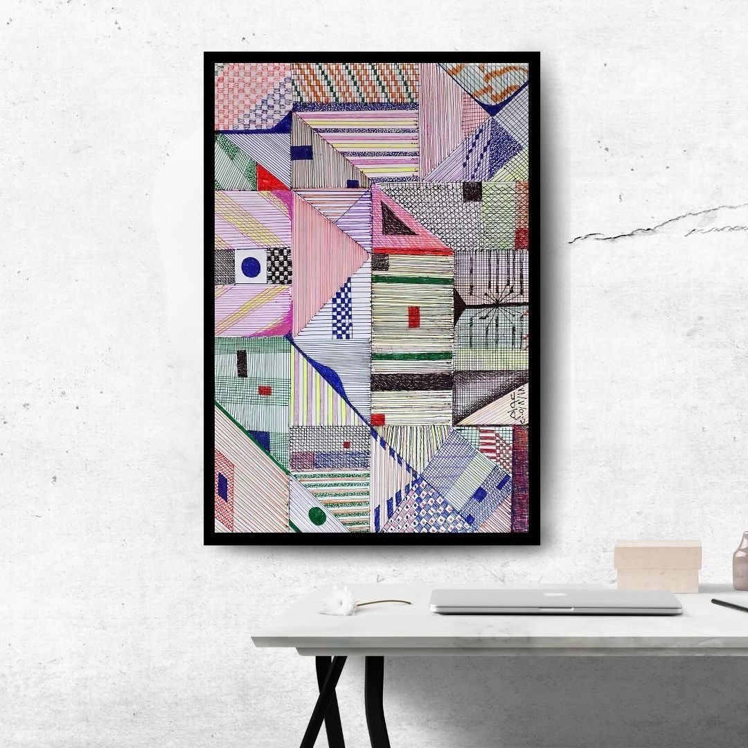 Pattern of Thought in Beauty (نسق الفكر في الجمال) – abstract geometric artwork with layered grids, lines, and shapes, by Ibrahim Al Awam