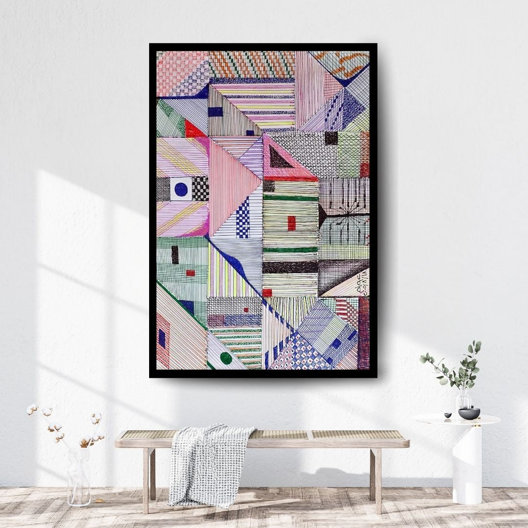 Pattern of Thought in Beauty (نسق الفكر في الجمال) – abstract geometric artwork with layered grids, lines, and shapes, by Ibrahim Al Awam