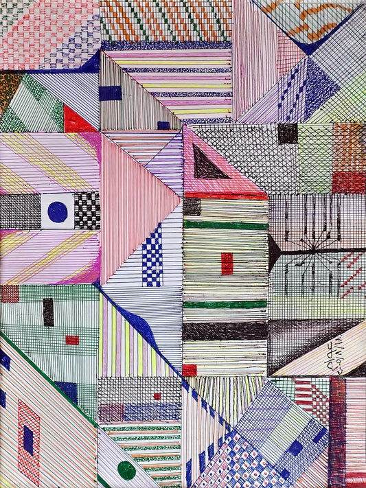 Pattern of Thought in Beauty (نسق الفكر في الجمال) – abstract geometric artwork with layered grids, lines, and shapes, by Ibrahim Al Awam