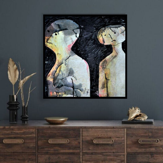 Abstract artwork with black and white figures on a textured background. Perplexity (الحيرة) – abstract expressionist figurative painting of two fragmented human forms in muted tones by Professor Ibrahim Al Awam, ArtixHub