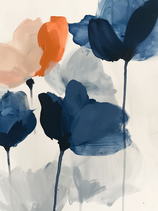 Poppies in Protest – minimalist abstract painting of large blue and orange poppy blossoms with fluid brushstrokes and delicate stems, available on ArtixHub