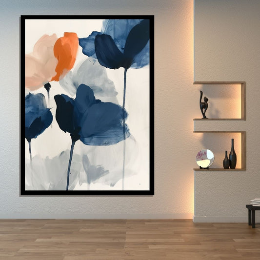 Poppies in Protest – minimalist abstract painting of large blue and orange poppy blossoms with fluid brushstrokes and delicate stems, available on ArtixHub