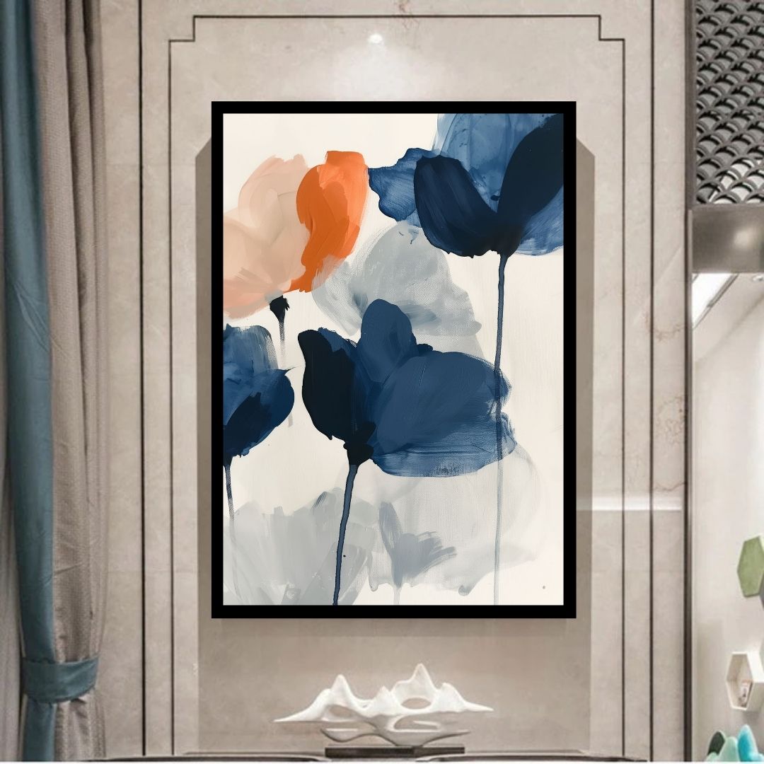 Poppies in Protest – minimalist abstract painting of large blue and orange poppy blossoms with fluid brushstrokes and delicate stems, available on ArtixHub