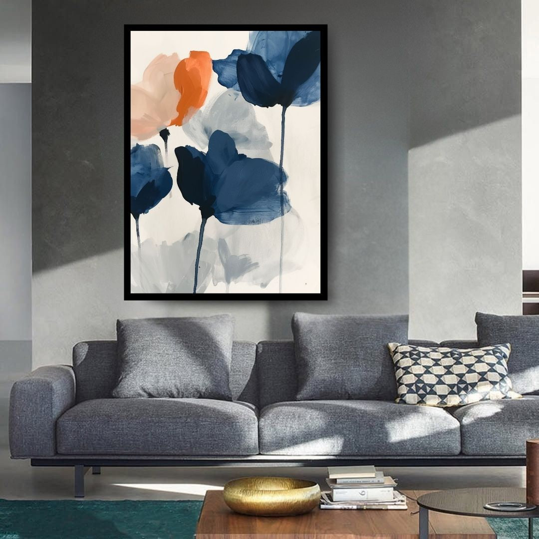 Poppies in Protest – minimalist abstract painting of large blue and orange poppy blossoms with fluid brushstrokes and delicate stems, available on ArtixHub
