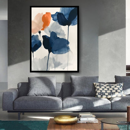 Poppies in Protest – minimalist abstract painting of large blue and orange poppy blossoms with fluid brushstrokes and delicate stems, available on ArtixHub