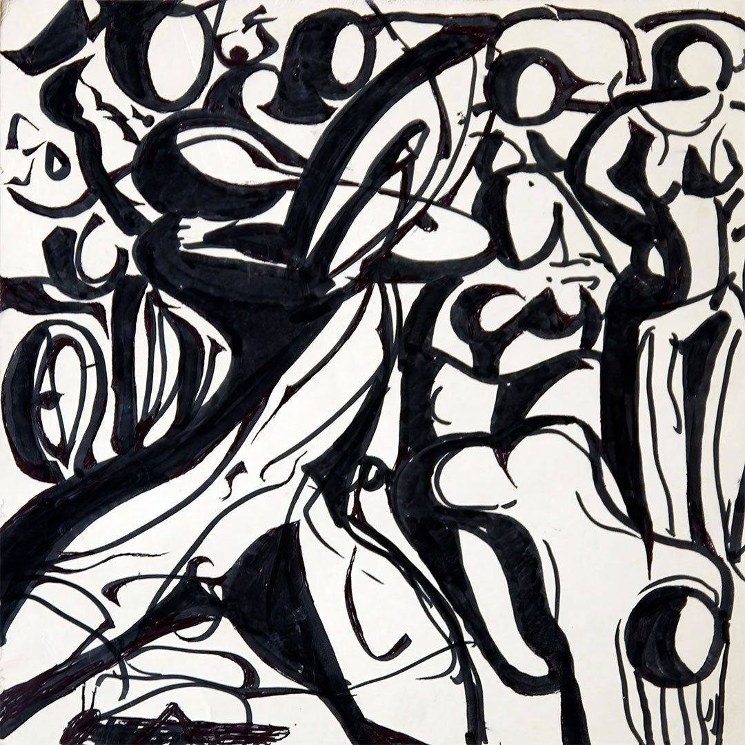 نبض الحروف (Pulse of Letters) – abstract typographic artwork with flowing black calligraphic forms on a white background, by Ibrahim Al Awam