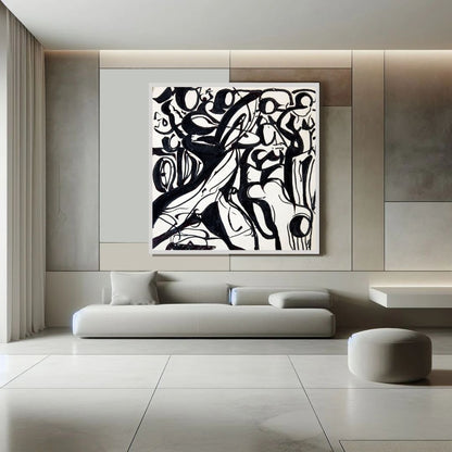 نبض الحروف (Pulse of Letters) – abstract typographic artwork with flowing black calligraphic forms on a white background, by Ibrahim Al Awam