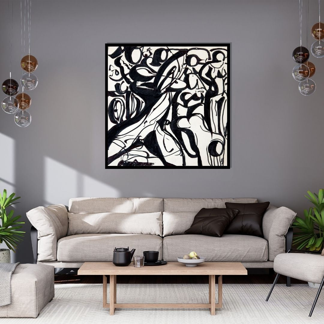 نبض الحروف (Pulse of Letters) – abstract typographic artwork with flowing black calligraphic forms on a white background, by Ibrahim Al Awam