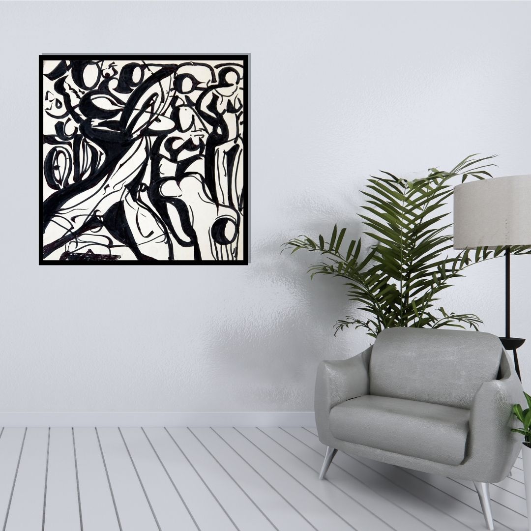 نبض الحروف (Pulse of Letters) – abstract typographic artwork with flowing black calligraphic forms on a white background, by Ibrahim Al Awam