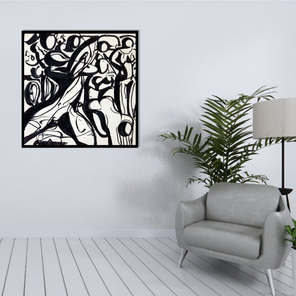 نبض الحروف (Pulse of Letters) – abstract typographic artwork with flowing black calligraphic forms on a white background, by Ibrahim Al Awam