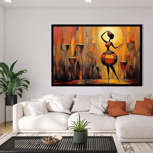 Abstract artwork of a dancer with colorful patterns. Pulse of the Djembe – African figurative abstract painting of a dancing woman with tribal drums in warm golden tones by Amina Diallo