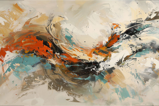 Pulsepoint – abstract expressionist painting with sweeping motion, layered textures, and bold orange accents on a neutral background, available on ArtixHub